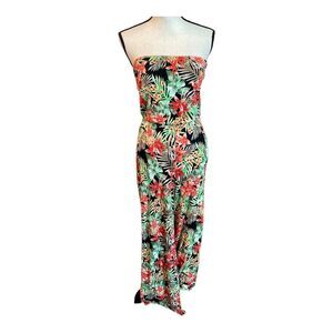 Iris Womens Jumpsuit Red Black Green Tropical Print Strapless Straight Leg S